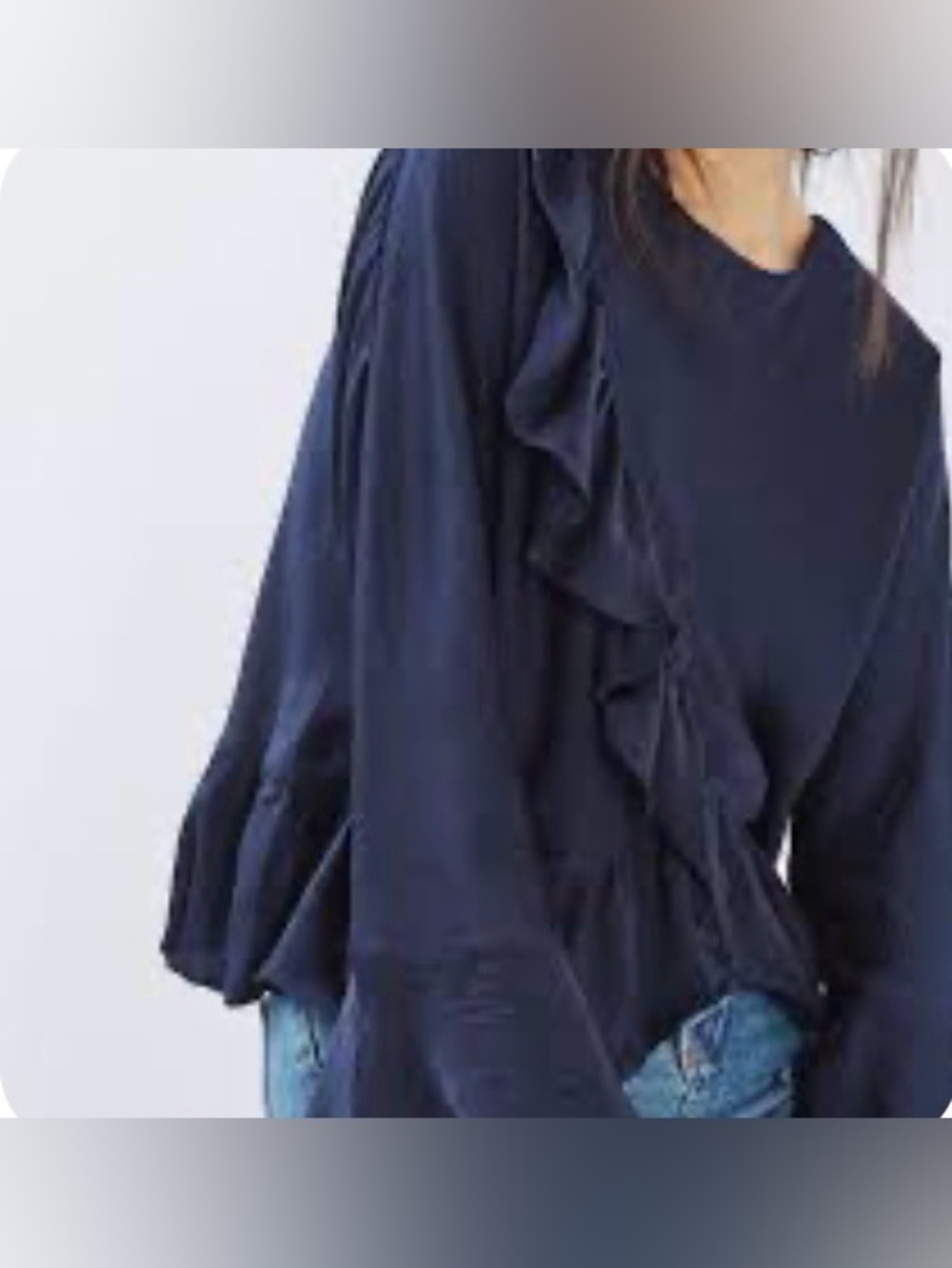 Topshop Navy Ruffle-Trim Long Sleeve Blouse
